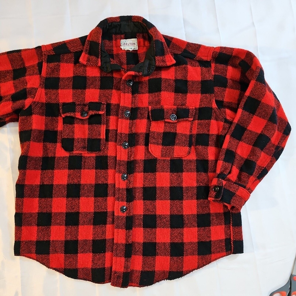 Vintage Melton‎ Red & Black Buffalo Plaid Wool Jacket Heavy Shirt Men's L